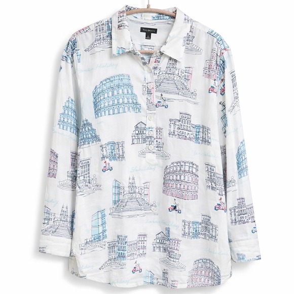 Talbots Tops - Talbots XL Roman Holiday Popover Blouse Rome Italy Print Side Buttons Top